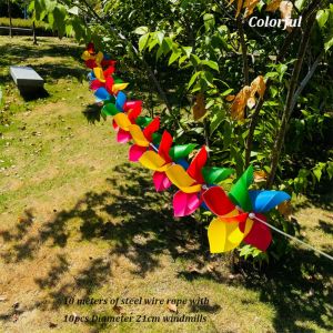 NAELIN 10pcs/set with Rope Strings Colorful Arch Corridor Windmill with Steel Wire Rope Colorful 5 Leaves Pinwheels Plastic Outdoor DIY Decorational Pinwheel Yard and Garden