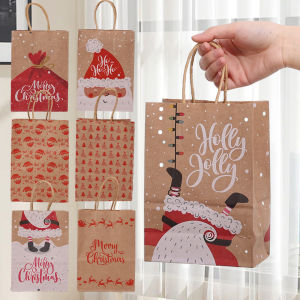 12Pcs Christmas Gift Bags - Xmas Kraft Paper Bags with Handles - Candy Cookie Packaging Paper Bags - Santa Claus Snowman Pattern New Year Party Christmas Home Party Loot Bags