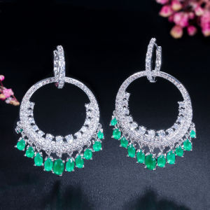 SEQUITO Bông Tai Dạng Vòng Thả Lớn Tua Rua Pha Lê Xanh Ngọc Lục Bảo Rực Rỡ Trang Sức Cưới CZ Mạ Vàng Trắng Cho Nữ SE434