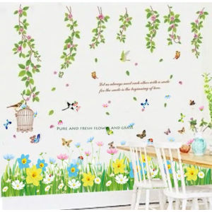 Decal dán tường tán dây hoa và chân cỏ hoa vàng decor trang trí nhà cửa