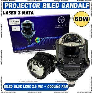 LAMPU PROJIE PROJI PROJECTOR BILED GANDALF LASER 2 MATA 2.5 INCH 60WATT 60W BLUE LENS BI LED HIGH LOW BODY BLACK PLUS KIPAS BILED MOTOR MOBIL
