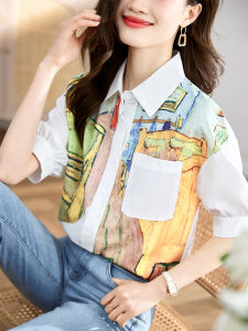 Ammi แฟชั่นผู้หญิงสไตล์เกาหลีแขนยาวแฟชั่นสีตัดปะดีไซน์วินเทจพิมพ์ลายเสื้อ2024ฤดูร้อนทรงหลวมอเนกประสงค์พิมพ์สีตัดกันเสื้อผ้าชีฟอง