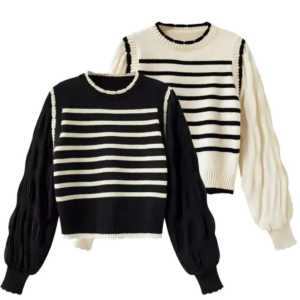 Blus Rajut Motif Garis Korea dengan Lengan Balon untuk Wanita