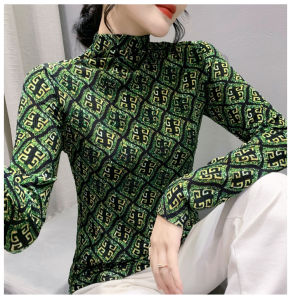 REHIN Womens top New fashion print high neck Stamped diamond slim fit stretch long-sleeved T-shirt slim fit and thin blouse