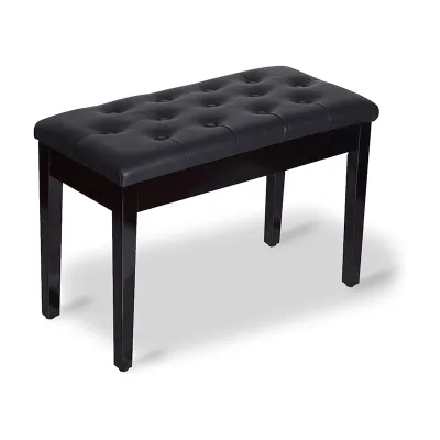KAWES Black Wooden Duet Piano Bench with Padded Cushion and Storage Compartment for Music Books