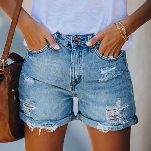 G72024 European and American Cross-Border Summer ebay wish Street Style Ripped Straight-Leg Pants Womens Denim Shorts 7/7