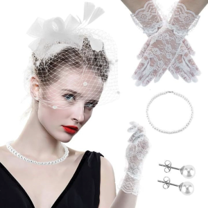 Cocktails Party Feather Mesh Headpiece with Lace Gloves Necklace 1920s Tulle Headpiece Flapper Costume for Formal Event