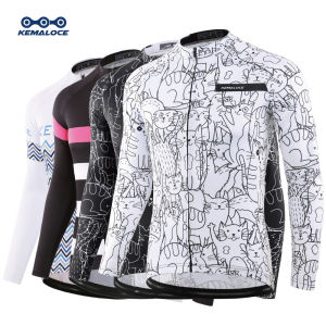 KEMALOCE Cartoon Cat Men Cycling Jersey Breathable Long Sleeve MTB Bike Jersey White Black Bicycle Shirts Cycling Wear