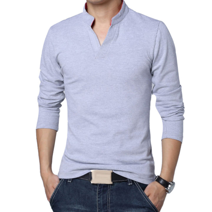 Solid Color Men Plus Size Stand Collar V Neck Long Sleeve T-Shirt