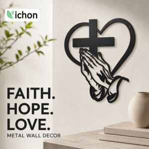 Metal Wall Cross Decor Black Iron Heart Shape Prayer Hands Minimalist Rustic Hanging Ornament Bedroom Living Room