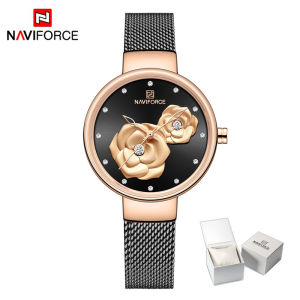 NAVIFORCE Original Watch for Women Fashion Casual Simple Ladies Wristwatch Stainless Steel Strap Waterproof Rose Gold Diamonds Watch NF5013