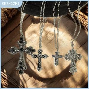 【SHANGZE4】 Gothic Hollow Out kim cương Studded Chéo Mặt Dây chuyền vòng cổ thiết lập Y2K cá nhân Thorn tình yêu màu đen hạt xếp chồng lên nhau Vòng cổ thiết lập