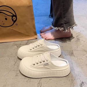 Free Shipping Baotou Canvas Half-Slipper WomenS Autumn New Thick-Soled Outdoor Casual Slip-On White Shoes