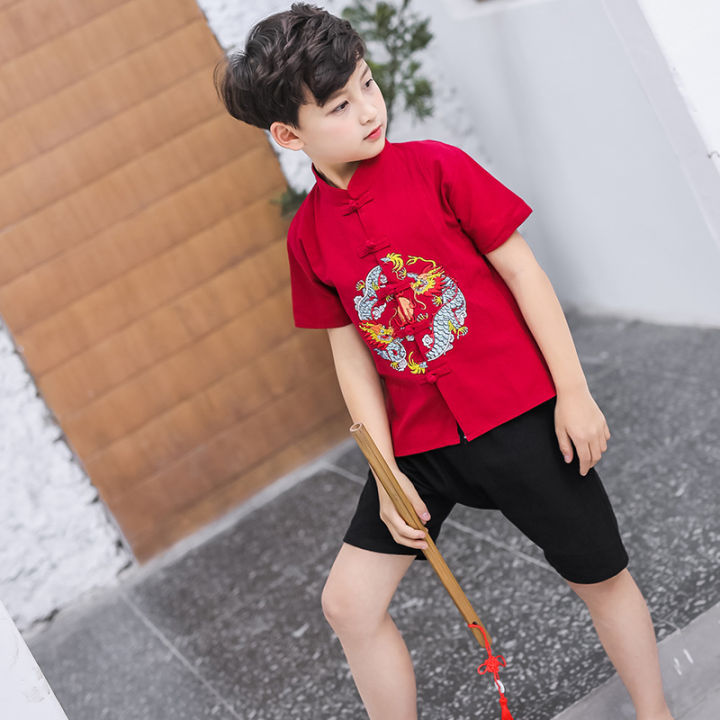 Kids Chinese New Year Clothing Children Cny Short-Sleeved Tshirts Shorts Boy Spring Festival Tang Suits 92/4
