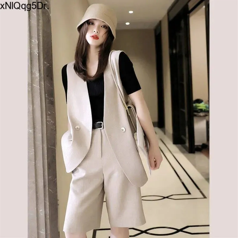 Fashion Suit Women Summer New Fashion Casual Sleeveless Suit Jacket + Shorts  Two-piece Set Female Outfits