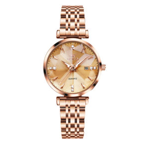 OLEVS 5536 Women Fashion Quartz Watch Gift Round-dial Stainless Steel Watchband Wristwatch Calendar