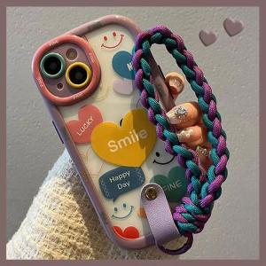 Wrist Chain Lanyard Phone Case For iPhone 16 15 14 13 11 12 Pro Max Cute Lucky Love Heart Pattern Ink and Wash Smudge Cover
