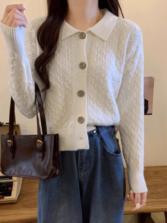 337 Knitted Sweater Cardigan Polo Neck Long Sleeve Korean Style