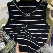 1 PCS Korean Style Fashion Striped Sleeveless Top High Waisted Navel Exposed Short Top Loose Soft Knitted Pullover