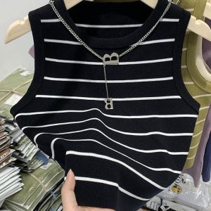 【COD 】New style Casual Striped Basic Sleeveless Round Neck Tank Top for Women