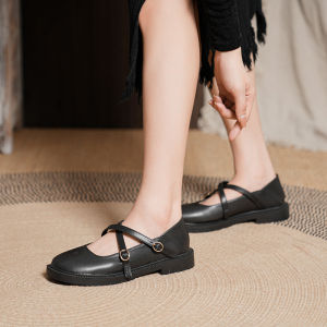 Black school shoes for women fashion flat mary jane shoes beige cross buckle doll shoes