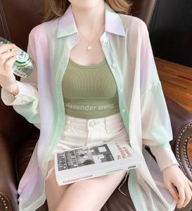 groove  W204เสื้อแฟชั่น เสื้อเชิ้ตชีฟอง เสื้อผ้าบาง เสื้อเชิ้ตผู้หญิงแขนยาว สีขาว เสื้อป้องกันแสงแดด เสื้อคุม เดรสเกาหล