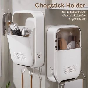 SKJK With Lid Wall Mounted Cutlery Organizer Dustproof Design No Punching Flip Top Chopstick Storage Proof Kitchen Flip Top Spoon Fork Organizer Kitchen Organization