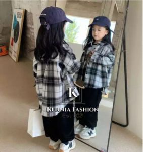 Blus Kotak-kotak Kasual Flanel Musim Semi 100% / Kemeja Flanel Musim Panas Atasan Lengan Panjang Bayi Korea / Kemeja Anak Perempuan - Kurnia Fashion