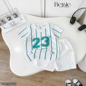 Set bộ thể thao tay ngắn họa tiết kẻ sọc số 23 cho bé trai kèm quần short 9tới 28kg BERNIE T1025B66Đ