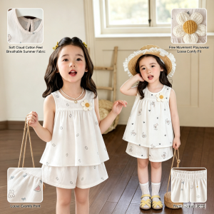 AILEBE Kids Sets Terno Sleeveless Top Loose Shorts Set Soft Cloud Cotton Breathable Summer Wear Cute Prints Loose Comfy Fit For Free Play Korean Fresh Design Pambahay OOTD For Baby Girls 0-12 Years