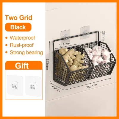 1/2/3 Grids Kitchen Wall Hanging Basket Onion Ginger Garlic Storage Rack Hanging Shelving Vegetables Spice Drain Basket