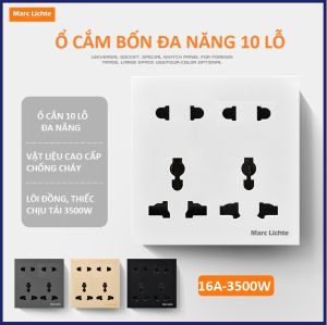 Ổ cắm điện bốn Marc Lichte 10 lỗ kèm công tắc đôi 16A âm tường chính hãng chuẩn Châu Âu giá Việt Nam