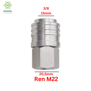 Khớp Nối Nhanh 3/8 Inox Đầu Cái Ren Trong Tự Gài Đầu Đực Ren Ngoài Chống Xoắn Dây Chuẩn Ren 22 Cho Máy Rửa Xe Cao Áp