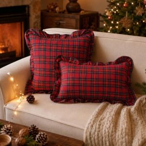 KENJE Tartan Plaid Throw Pillow Covers 18x18 Inches Ruffle Trim Checkered Pillowcase Cozy Fall Colors Decorative Pillow Covers For Couch Sofa
