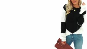 Dokotoo  Womens Crochet Round Neck Long Sleeve Pullover Color Block Waist Ribbed Sweater Pullover Top