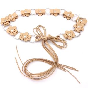GOFIDIN Retro Ethnic Floral Waist Belt Bohemian Style PU Leather Women Dress Belt Fashionable Round Buckle Design Floral Leather Waist Rope for Women