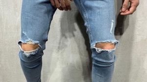 Celana Jeans Gaya Ripped Knee warna Blue Bandung Denim