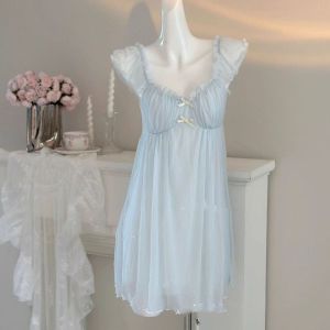 Princess Style Slimming Nightdress with Chest Padding Summer New Sweet Bow Pure Desire Sleepwear Female Ins Student Girls Home Wear Clothes