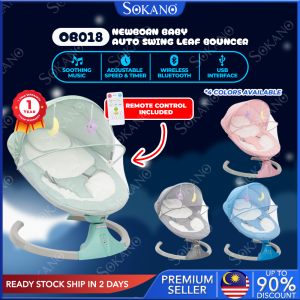(UPGRADE VERSION Touch Screen Control Panel) SOKANO OB018 Newborn Baby Auto Swing Leaf Bouncer auto Cradle Deluxe Bassinet with Music FREE Mosquito Net FREE Hanging Toy Automatic Remote Rocker Buaian Bayi Buai (MALAYSIA 3 PINS PLUG)Detachable for Cleaning