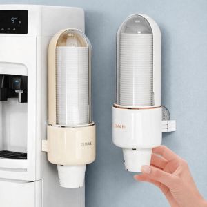 CHENJIE Plastic Disposable Paper Cup Holder Wall Mounted Punch Free Automatic Cup Storage Rack Practical Space Saving Plastic Cup Holder for Home
