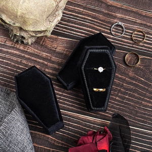 Black Coffin Velvet Ring Box Double Ring Display Holder with Detachable Lid Ring Box Holder for Wedding Ceremony