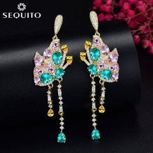 SEQUITO Designer Gold Plated CZ Jewelry with Silver Pins for Women Long Tassel Butterfly Shape with Colorful Austrian Crystal Exquisite Earrings SE094