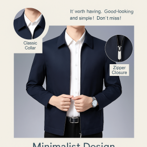 Mens Casual Jacket Middle-Age Business Lapel Jacket Middle-Aged Men Spring And Autumn Clothes Formal Zip Jacket