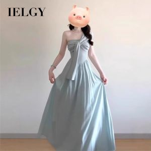 IELGY ชุดเดรสส่วนบนชุดสายเดี่ยวสีฟ้าสำหรับผู้หญิงที่มีเอกลักษณ์และเดรสยาวหรู