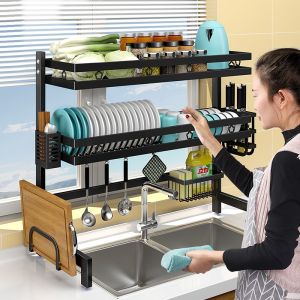 [Creative Gift Ideas】👛Kitchen Over the Sink Dish Rack  Dish Drainer  Dishrack  Kitchen Organisers Organizers  Kitchen Storage  Kitchen Shelf  For Kitchen Counter - in Elegant Black