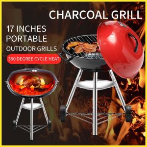 DEKES 17 Inch Portable Charcoal Grill – Heavy-Duty Round BBQ Grill with Thickened Grilling Bowl Sturdy with 4 Legs & Wheels for Small Outdoor Barbecue Camping Travel Tailgating & Backyard Cooking