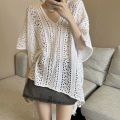 Somi RTW V-neck Side Drawstring Hollow Out Crochet Cover Up Oversize Knitted Beach Top M1328. 