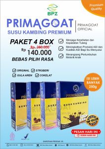 Susu Kambing Etawa Asli Primagoat Atasi Nyeri Sendi Asam Urat dan Kesehatan Pernafasan Paket 4 Box Rasa Cokelat Stroberi Gula Aren Original
