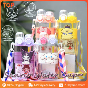 520ml Sanrio 2in1 Double Straw Kuromi Cinnamo Water Cup Cartoon Travel Straw Water Bottle with Strap