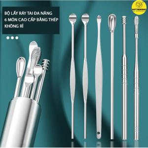 Bộ Dụng Cụ Lấy Ráy Tai 6 Món Inox Kèm Hộp Inox Có Móc Treo